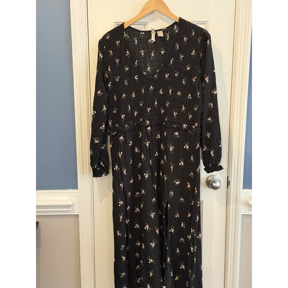 Divided Smocked Waist Black Floral Long Dress Size Large Modest Spring Summer‎